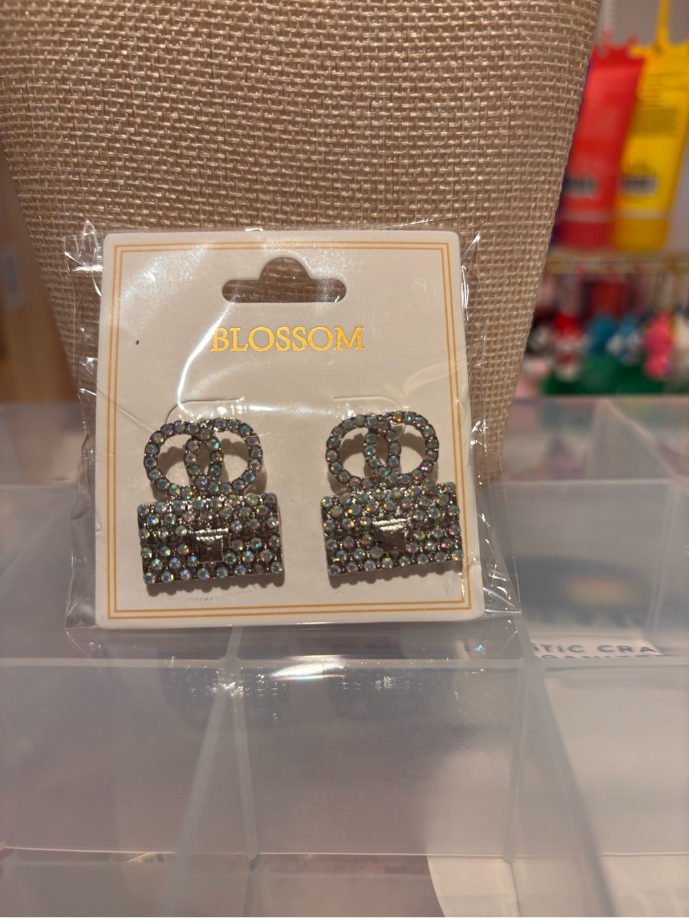 Iridescent Crystal Handbag Stud Earrings - Silver Tones